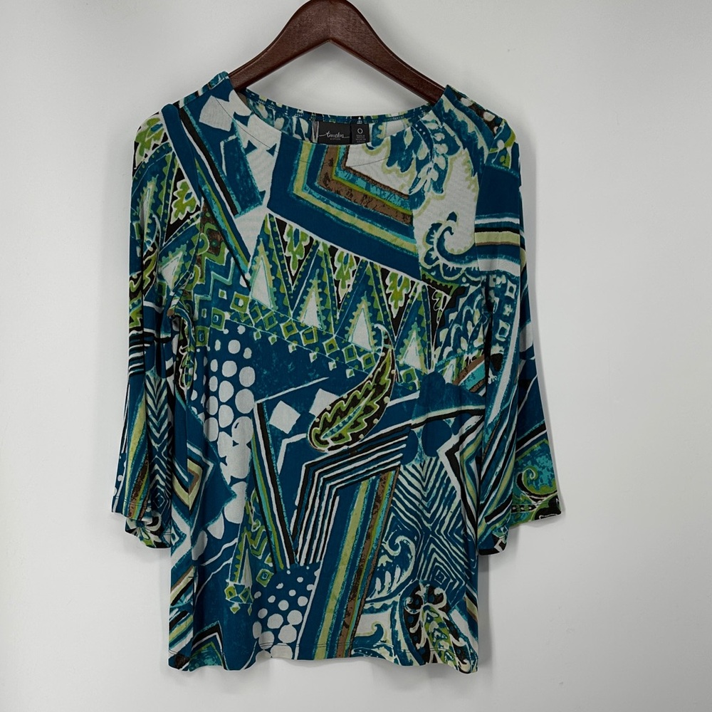 Chico’s Travelers Patterned Blue and Green Women's Top